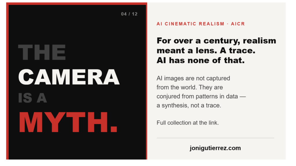An AI Cinematic Realism (AICR) card in 16:9, split into two halves. The left half is black with stacked words building a sentence — "THE" faded, "CAMERA" in white, "IS A" faded, and "MYTH." in large red type. The right half is cream-colored with the AI Cinematic Realism label, a bold headline "For over a century, realism meant a lens. A trace. AI has none of that," and body text explaining that AI images are conjured from patterns in data — a statistical synthesis, not a photographic trace. The website jonigutierrez.com appears at the bottom.