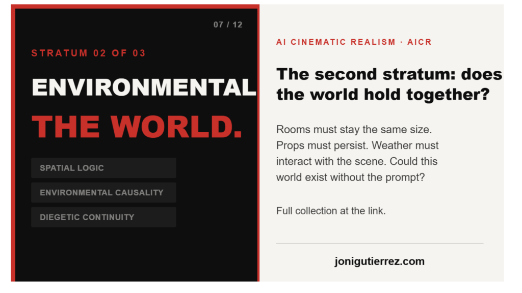 An AI Cinematic Realism (AICR) card in 16:9, split into two halves. The left half is black: a red label reads "Stratum 02 of 03," then "ENVIRONMENTAL" in white and "THE WORLD." in red. Three dim pills list the components: Spatial Logic, Environmental Causality, Diegetic Continuity. The right half is cream-colored with the AI Cinematic Realism label, a bold headline "The second stratum: does the world hold together?", and body text explaining that rooms must stay the same size, props must persist, and weather must interact with the scene — asking whether this world could exist without the prompt. The website jonigutierrez.com appears at the bottom.