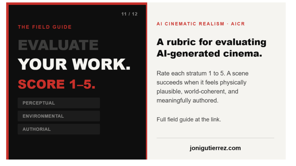 An AI Cinematic Realism (AICR) card in 16:9, split into two halves. The left half is black: a red label reads "The Field Guide," then "EVALUATE" faded, "YOUR WORK." in white, and "SCORE 1–5." in red. Three dim pills list the three strata: Perceptual, Environmental, Authorial. The right half is cream-colored with the AI Cinematic Realism label, a bold headline "A rubric for evaluating AI-generated cinema," and body text explaining that each stratum is rated 1 to 5, and a scene succeeds when it feels physically plausible, world-coherent, and meaningfully authored. The website jonigutierrez.com appears at the bottom.