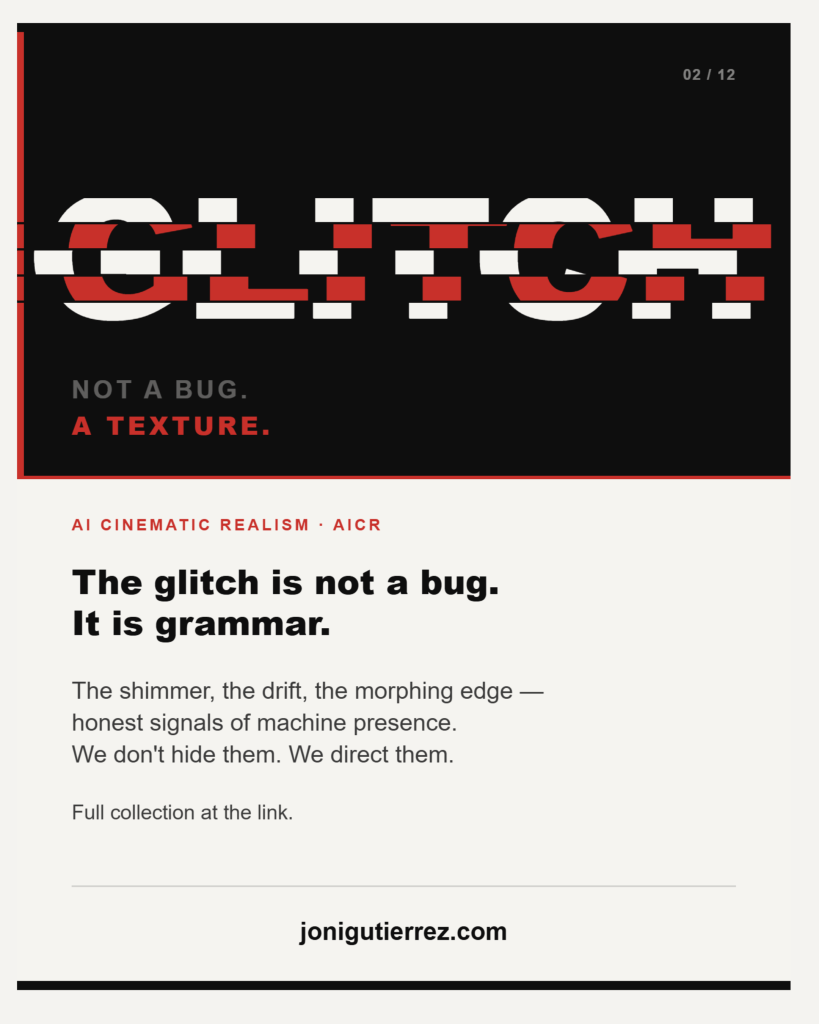 Promotional graphic with a black-and-light-cream split layout. The top black section is numbered "02 / 12" and features the word "GLITCH" in large, blocky white letters sliced horizontally by thick red blocks. Below it, the text reads, "NOT A BUG. A TEXTURE" in red. The bottom cream section includes the orange header "AI CINEMATIC REALISM • AICR" followed by the bold title, "The glitch is not a bug. It is grammar." Below the title, the body text reads, "The shimmer, the drift, the morphing edge — honest signals of machine presence. We don't hide them. We direct them. Full collection at the link." The website "jonigutierrez.com" is printed at the bottom above a solid black border.