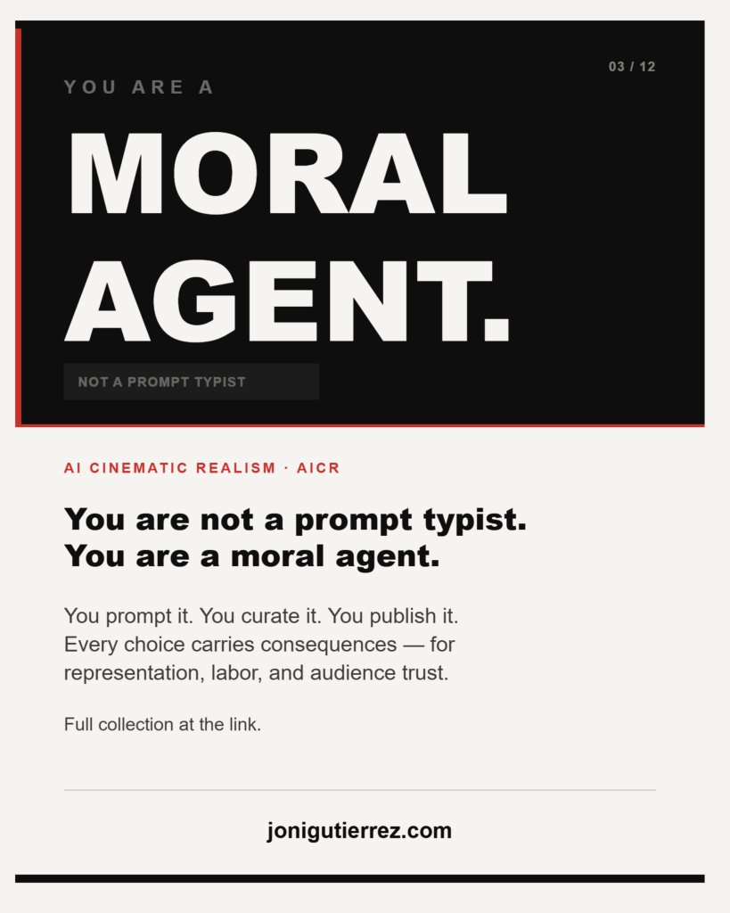 Promotional graphic with a black-and-light-cream split layout. The top black section is numbered "03 / 12" and features the text "YOU ARE A" in small muted gray letters above the massive white text "MORAL AGENT." At the bottom left of this black block, a small dark button contains the text "NOT A PROMPT TYPIST". The bottom cream section includes the orange header "AI CINEMATIC REALISM • AICR" followed by the bold title, "You are not a prompt typist. You are a moral agent." Below the title, the body text reads, "You prompt it. You curate it. You publish it. Every choice carries consequences — for representation, labor, and audience trust. Full collection at the link." The website "jonigutierrez.com" is printed at the bottom above a solid black border.