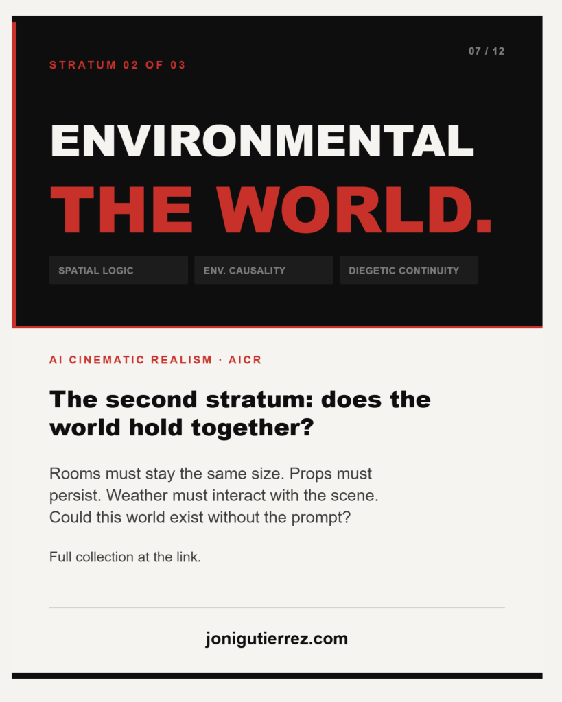 Promotional graphic with a black-and-light-cream split layout. The top black section is numbered "07 / 12" and includes the red header "STRATUM 02 OF 03". Below it, the large white text "ENVIRONMENTAL" sits above the large red text "THE WORLD." Three dark gray capsule buttons at the bottom read "SPATIAL LOGIC", "ENV. CAUSALITY", and "DIEGETIC CONTINUITY". The bottom cream section includes the orange header "AI CINEMATIC REALISM • AICR" followed by the bold title, "The second stratum: does the world hold together?" Below the title, the body text reads, "Rooms must stay the same size. Props must persist. Weather must interact with the scene. Could this world exist without the prompt? Full collection at the link." The website "jonigutierrez.com" is printed at the bottom above a solid black border.