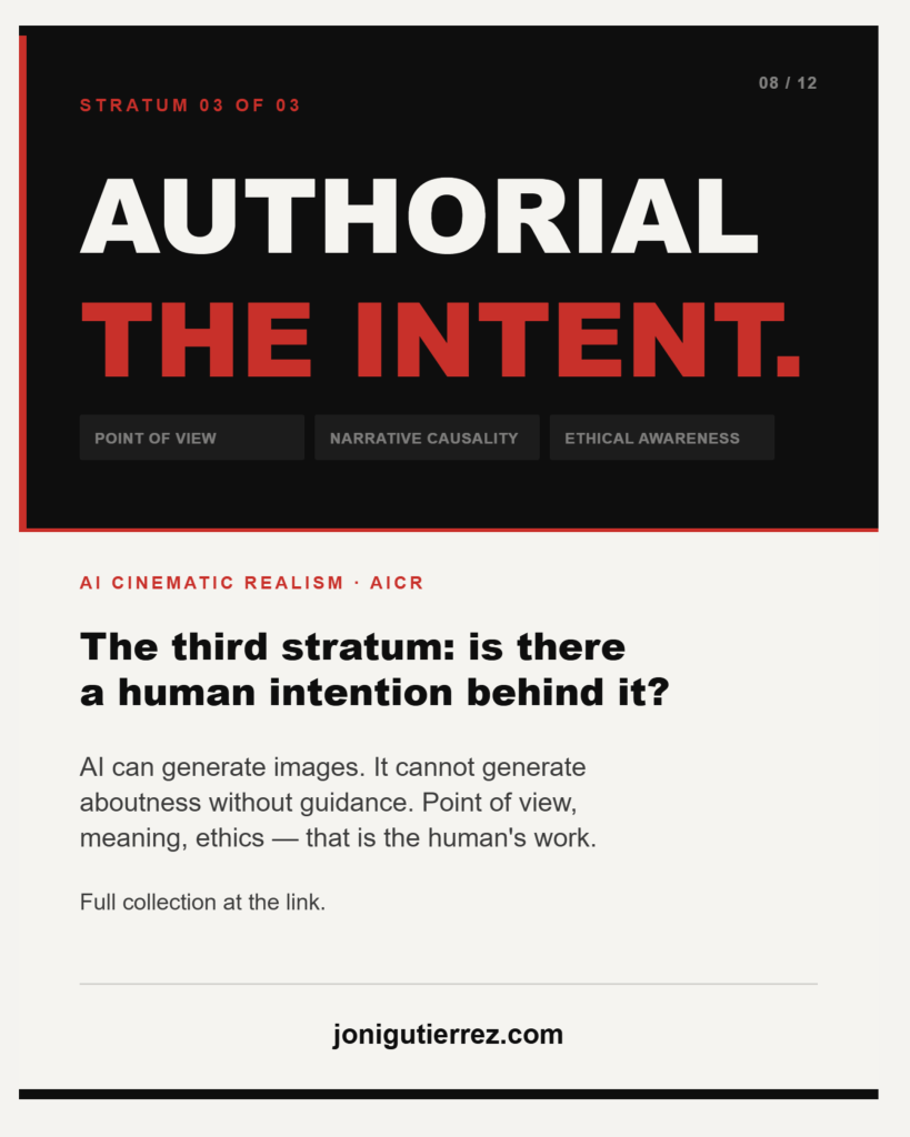 Promotional graphic with a black-and-light-cream split layout. The top black section is numbered "08 / 12" and includes the red header "STRATUM 03 OF 03". Below it, the large white text "AUTHORIAL" sits above the large red text "THE INTENT." Three dark gray capsule buttons at the bottom read "POINT OF VIEW", "NARRATIVE CAUSALITY", and "ETHICAL AWARENESS". The bottom cream section includes the orange header "AI CINEMATIC REALISM • AICR" followed by the bold title, "The third stratum: is there a human intention behind it?" Below the title, the body text reads, "AI can generate images. It cannot generate aboutness without guidance. Point of view, meaning, ethics — that is the human's work. Full collection at the link." The website "jonigutierrez.com" is printed at the bottom above a solid black border.