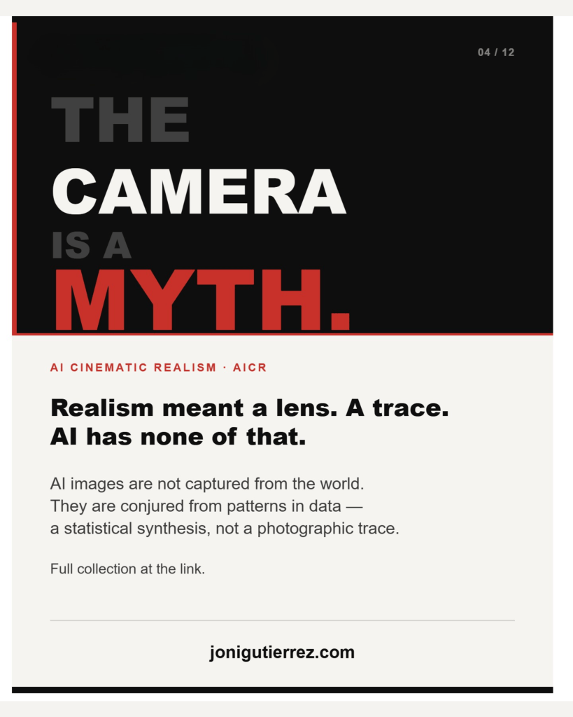 Promotional graphic with a black-and-light-cream split layout. The top black section is numbered "04 / 12" and features stacked stylized text: "THE" in dark gray, "CAMERA" in large white, "IS A" in dark gray, and "MYTH." in large red letters. The bottom cream section includes the orange header "AI CINEMATIC REALISM • AICR" followed by the bold title, "Realism meant a lens. A trace. AI has none of that." Below the title, the body text reads, "AI images are not captured from the world. They are conjured from patterns in data — a statistical synthesis, not a photographic trace. Full collection at the link." The website "jonigutierrez.com" is printed at the bottom above a solid black border.